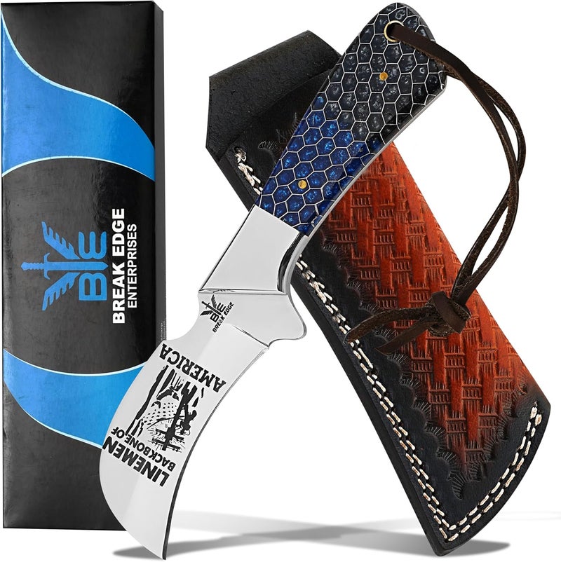 BE BREAK EDGE Stainless Steel Lineman's Hawkbill Knife, Fixed Blade,Full Tang, Wire Skinning, Utility Tool with Leather Sheath - Image 1